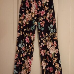 Floral Wide-Leg Pants - Black with Multi-Color Flowers